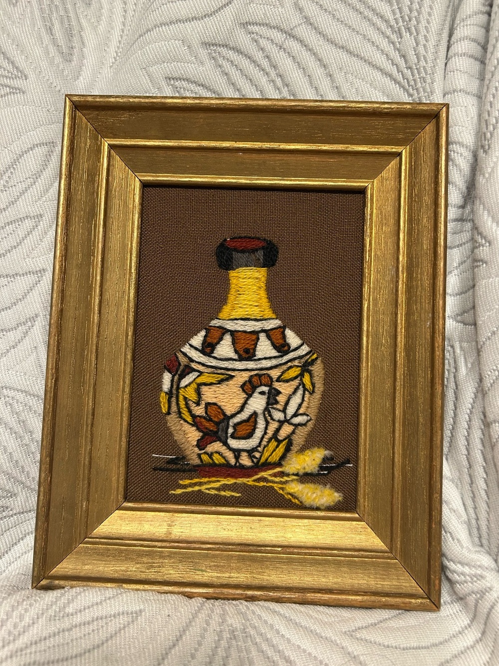 Hand-Embroidered Ceramic Vase Artwork in Gold Frame - Yellow and Brown